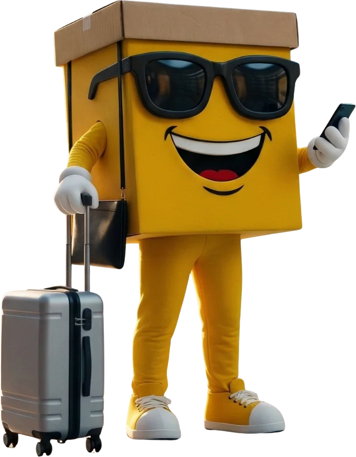 Boxo with a suitcase, replying on his phone